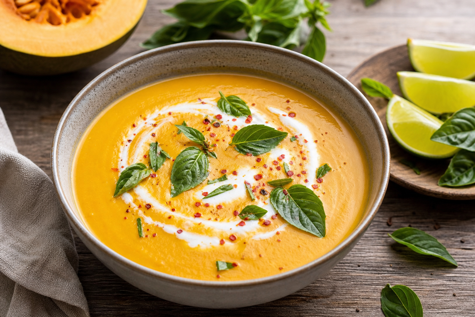 Thai Coconut Pumpkin Soup with Lime and Basil
