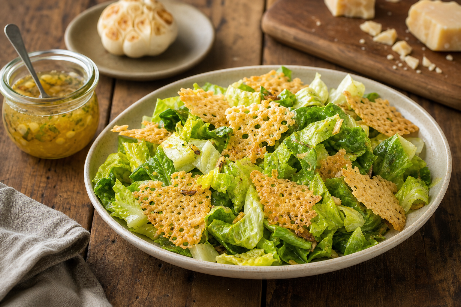 Warm Roasted Garlic and Romaine Salad with Parmesan Crisps