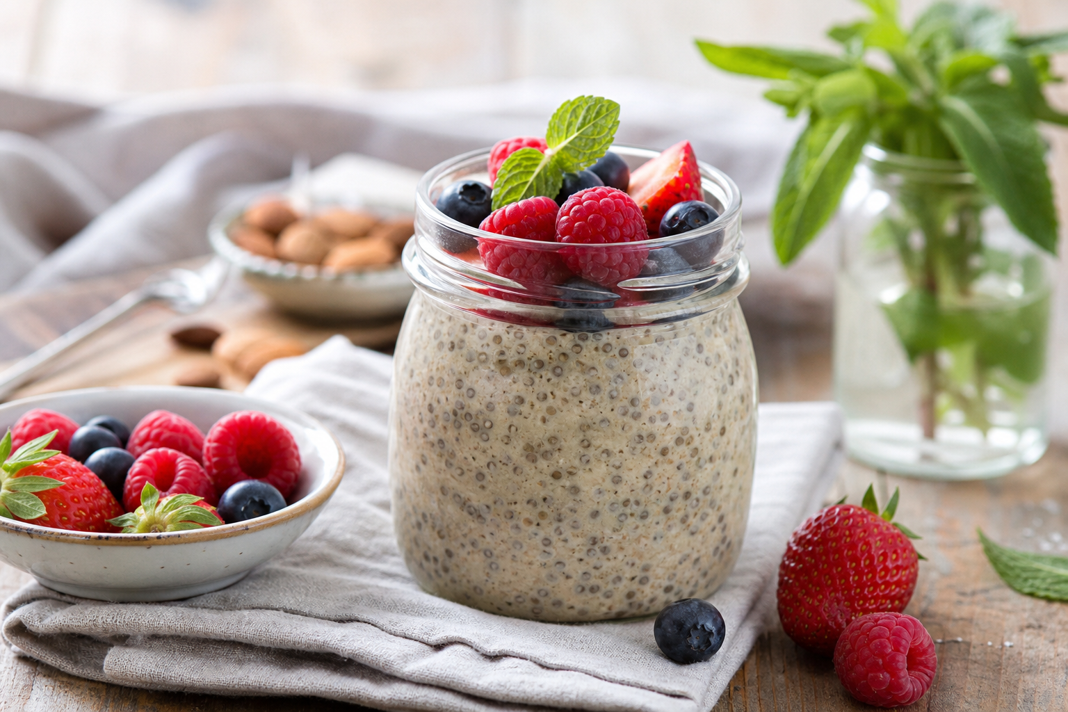Almond Butter Chia Seed Pudding with Fresh Berries