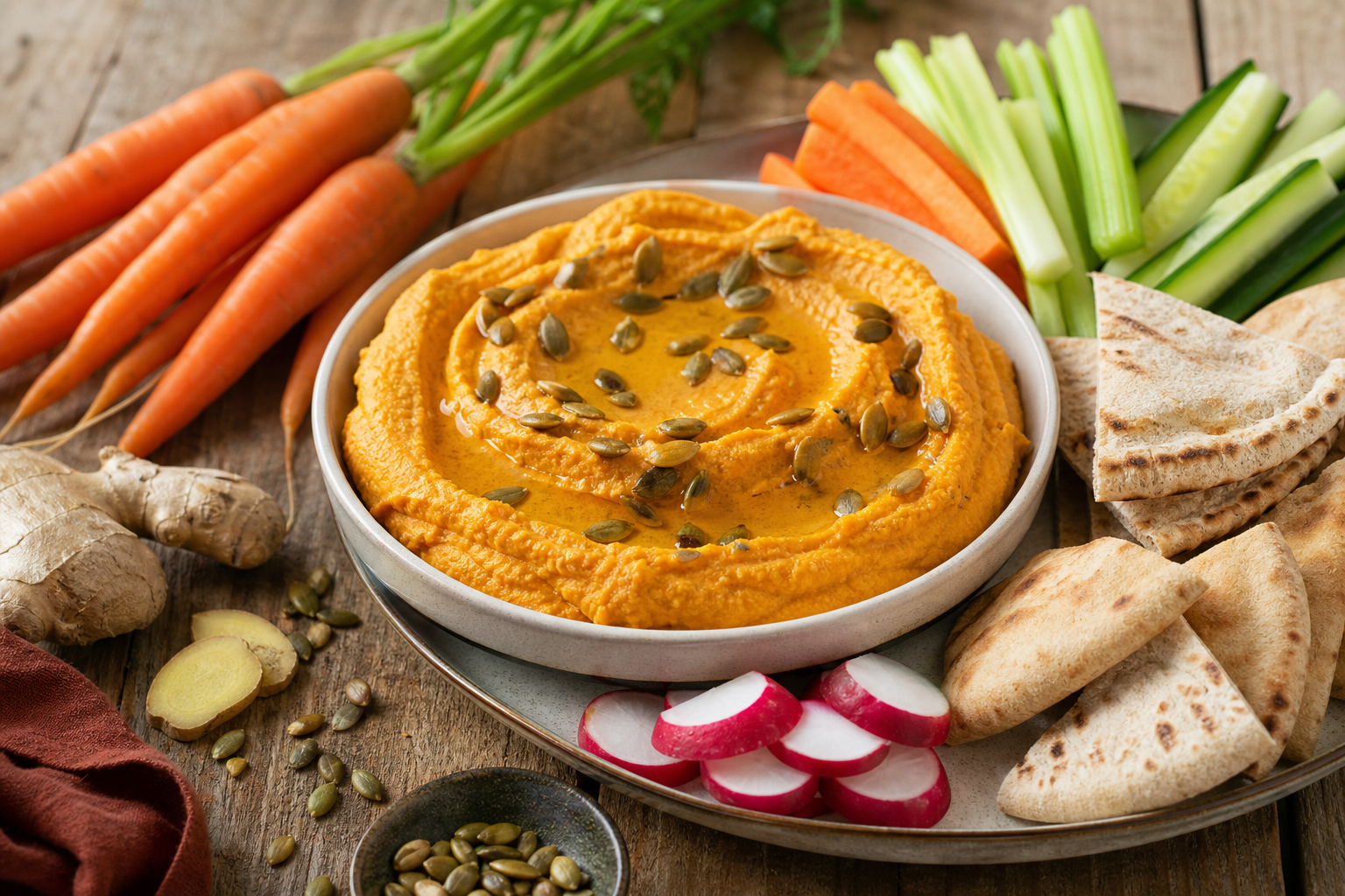 Carrot Ginger Hummus with Toasted Pumpkin Seeds