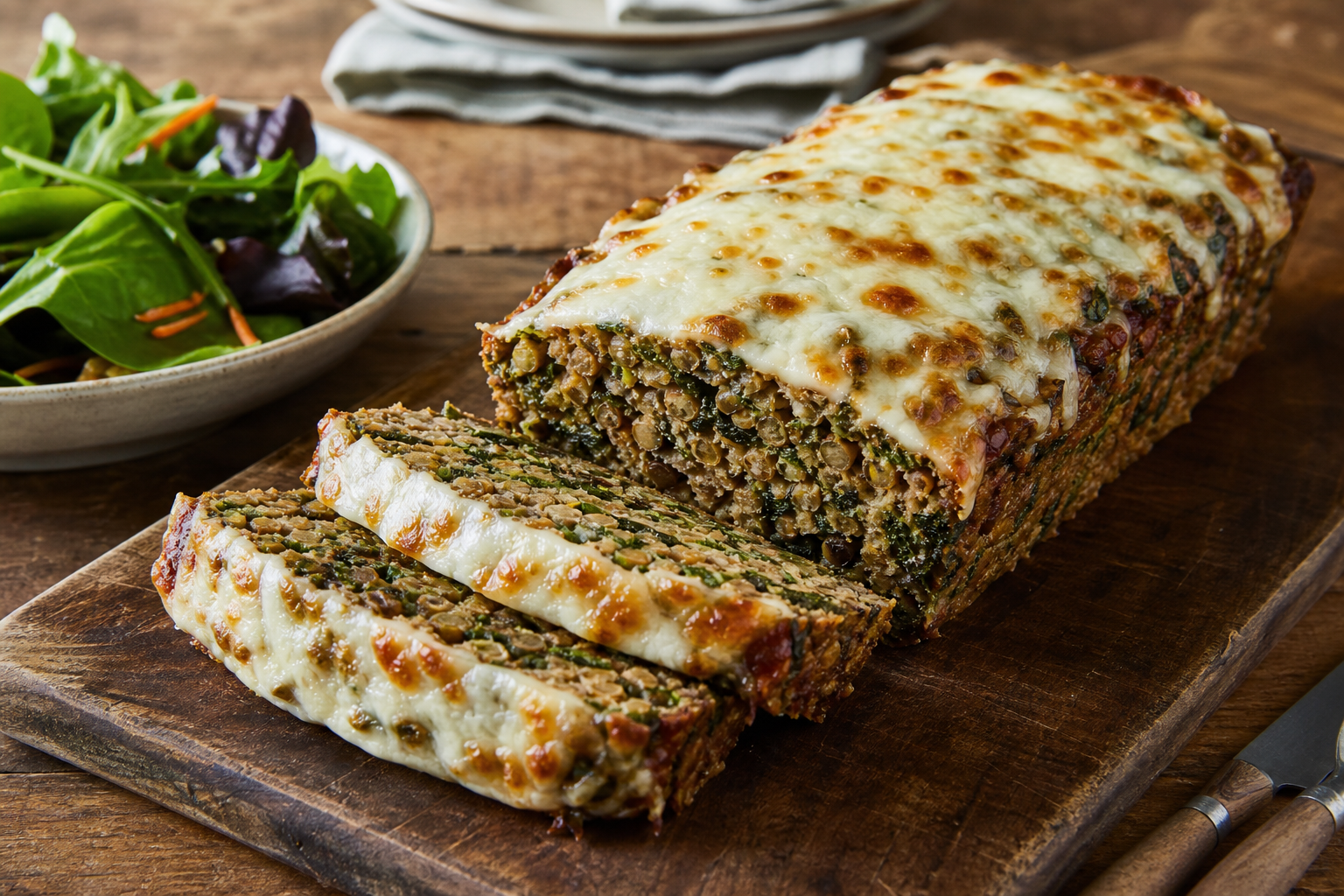 Cheesy Baked Lentil and Spinach Meatloaf