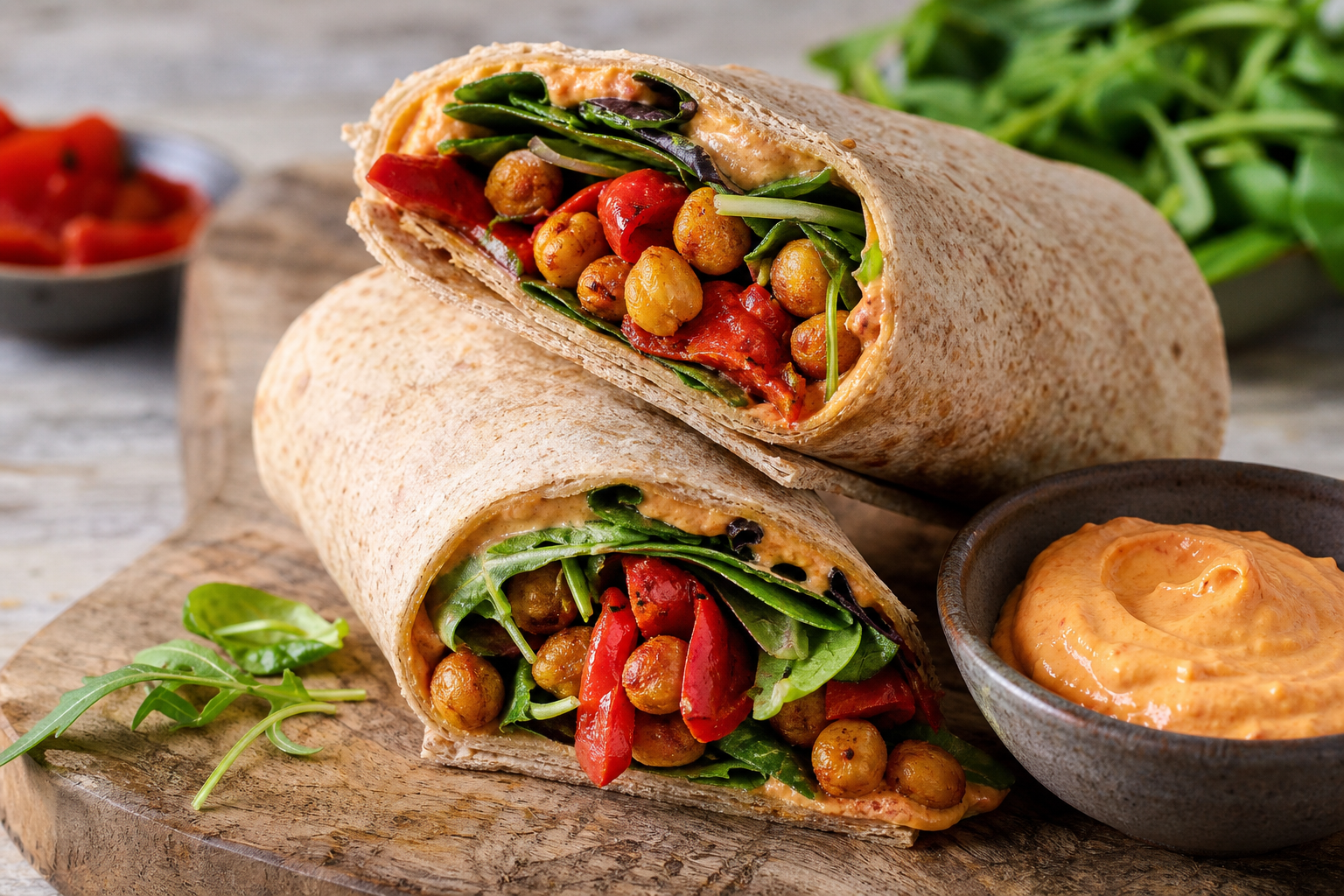 Chickpea and Roasted Red Pepper Wrap with Harissa Aioli