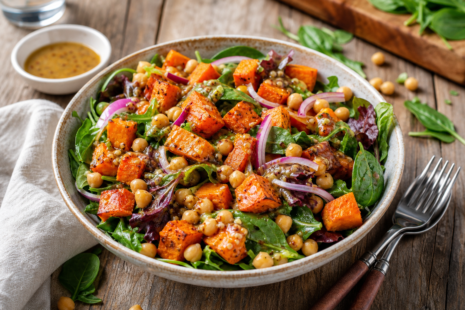 Chickpea and Roasted Sweet Potato Salad with Maple-Dijon Vinaigrette