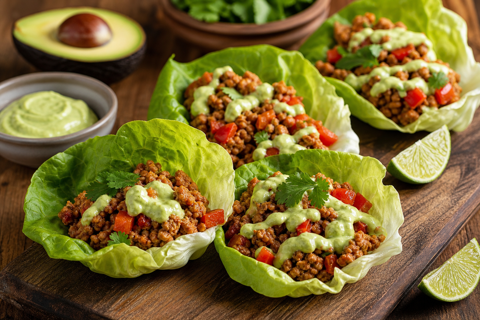 Chipotle Turkey Lettuce Wraps with Avocado Crema