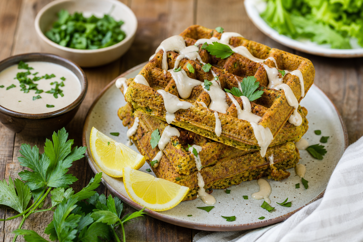 Crispy Air Fryer Falafel Waffles with Tahini Drizzle