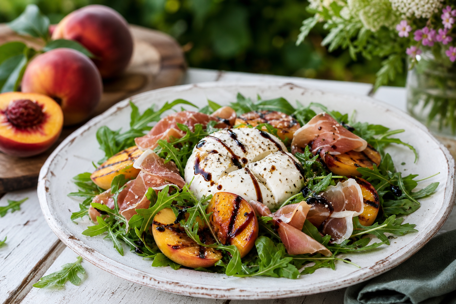 Grilled Peach and Burrata Salad with Prosciutto and Arugula