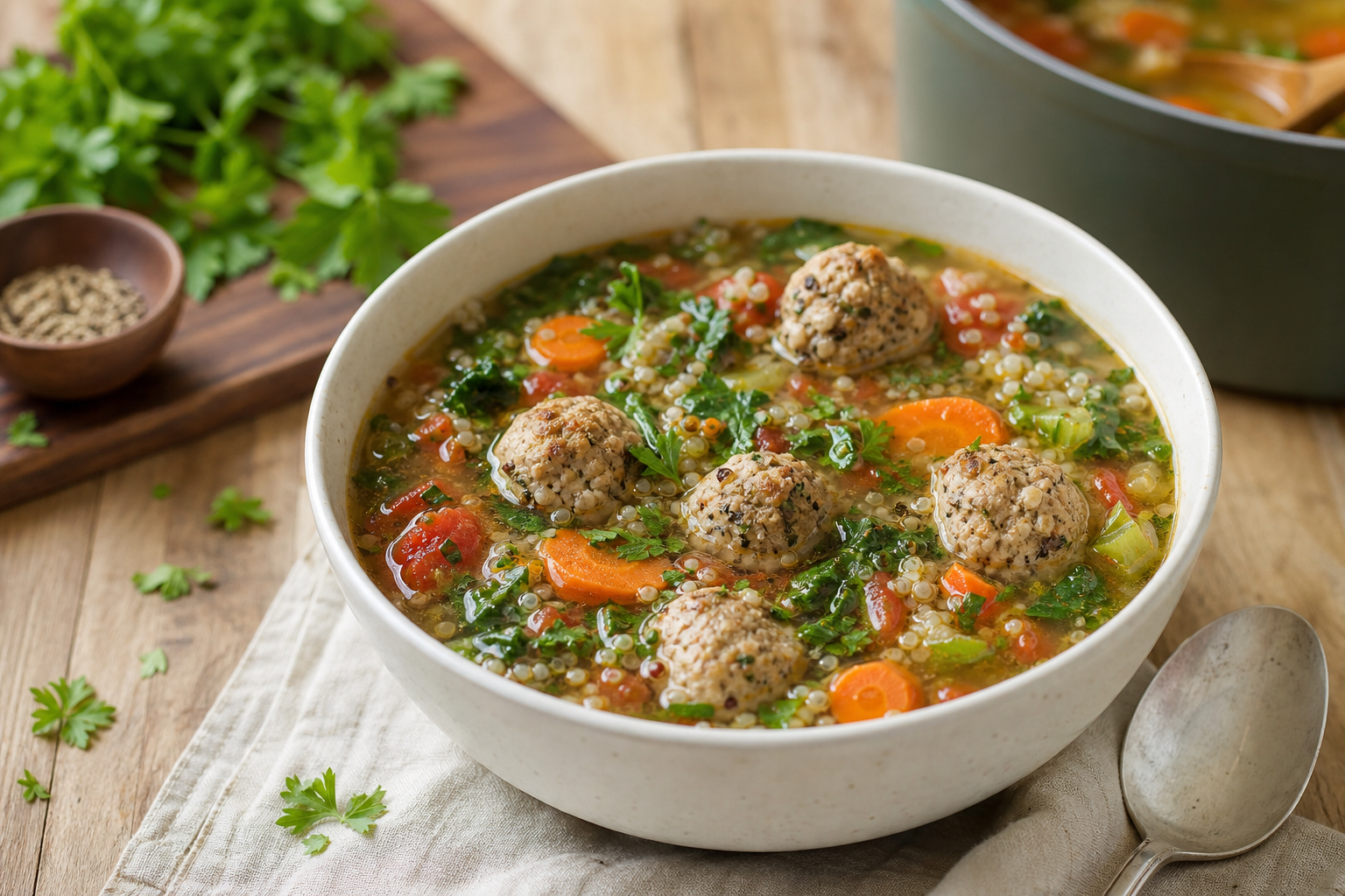 Herbed Turkey and Quinoa Meatball Soup