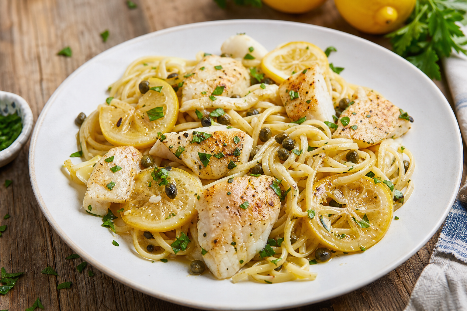 Lemon and Capers White Fish Pasta