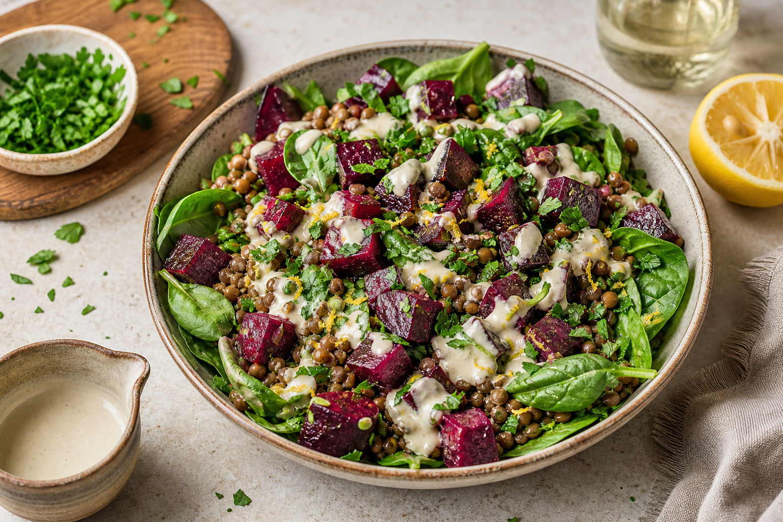 Lentil and Roasted Beet Salad with Lemon Tahini Dressing