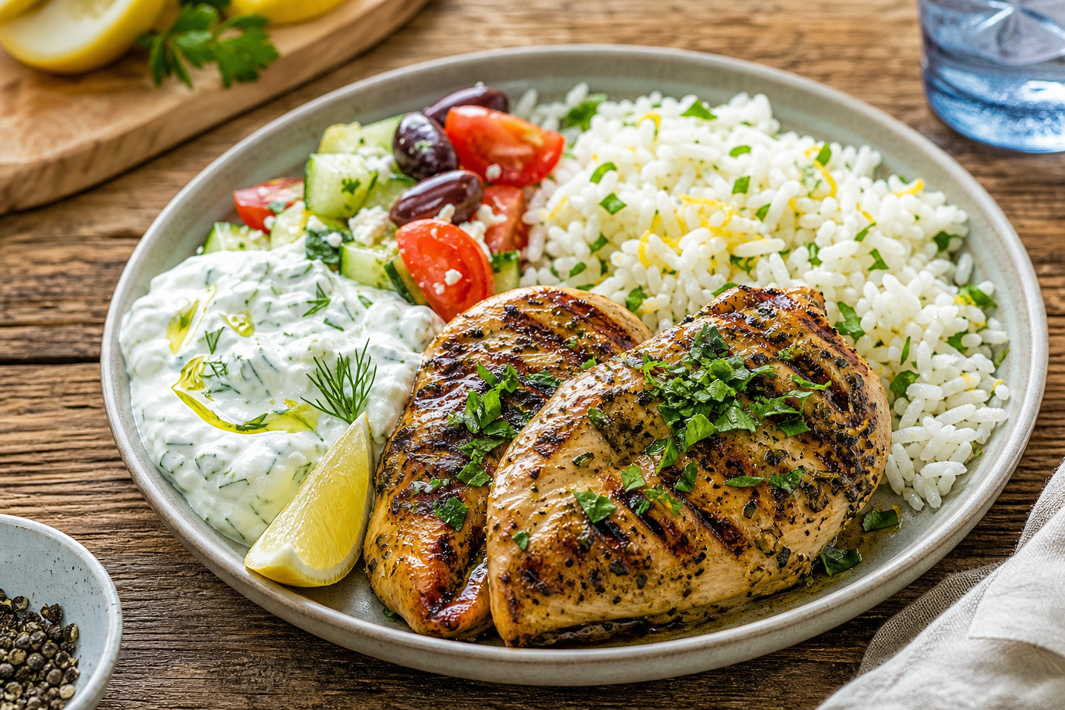 Mediterranean Grilled Chicken with Tzatziki and Lemon Rice
