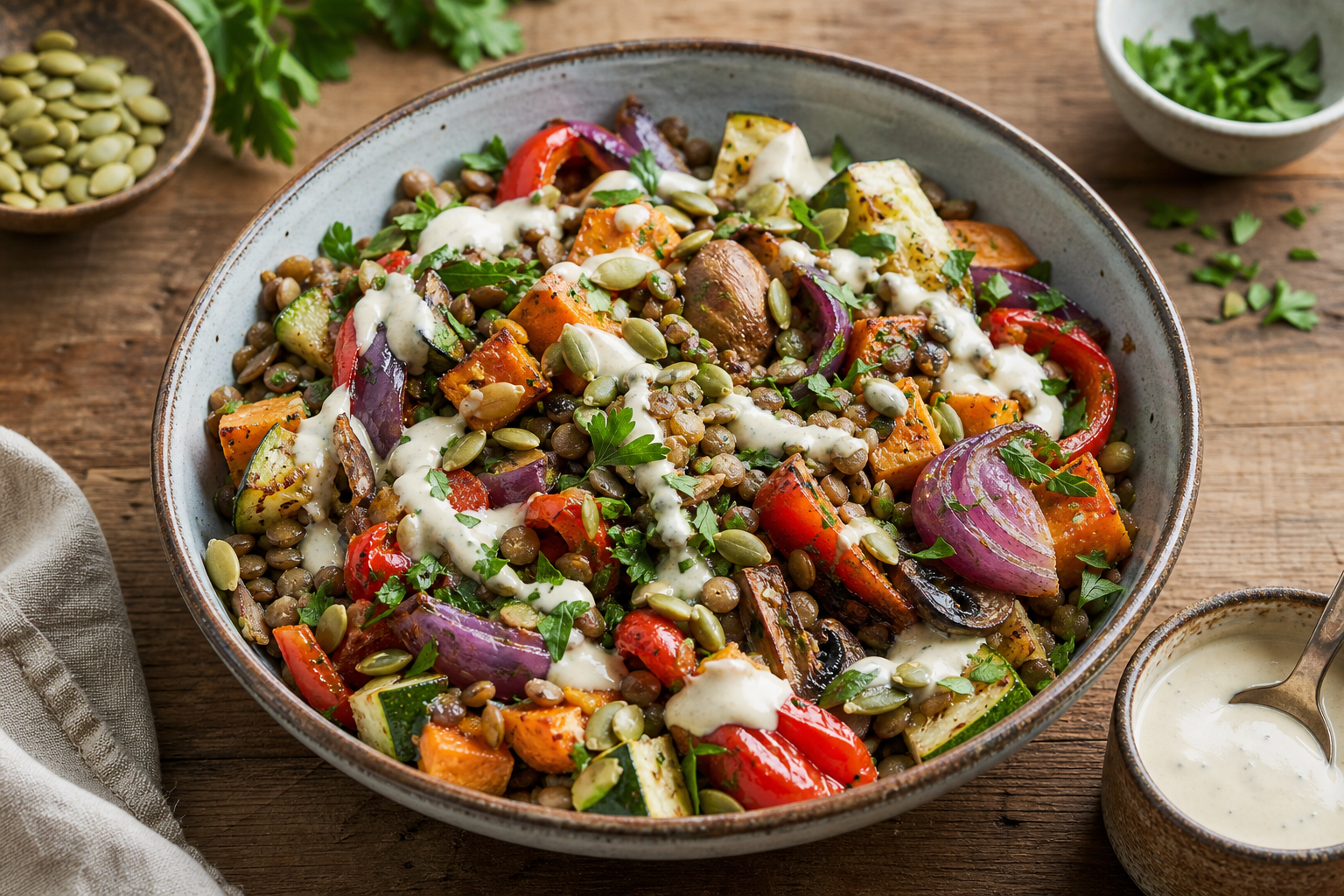 Mediterranean Lentil and Roasted Vegetable Buddha Bowl