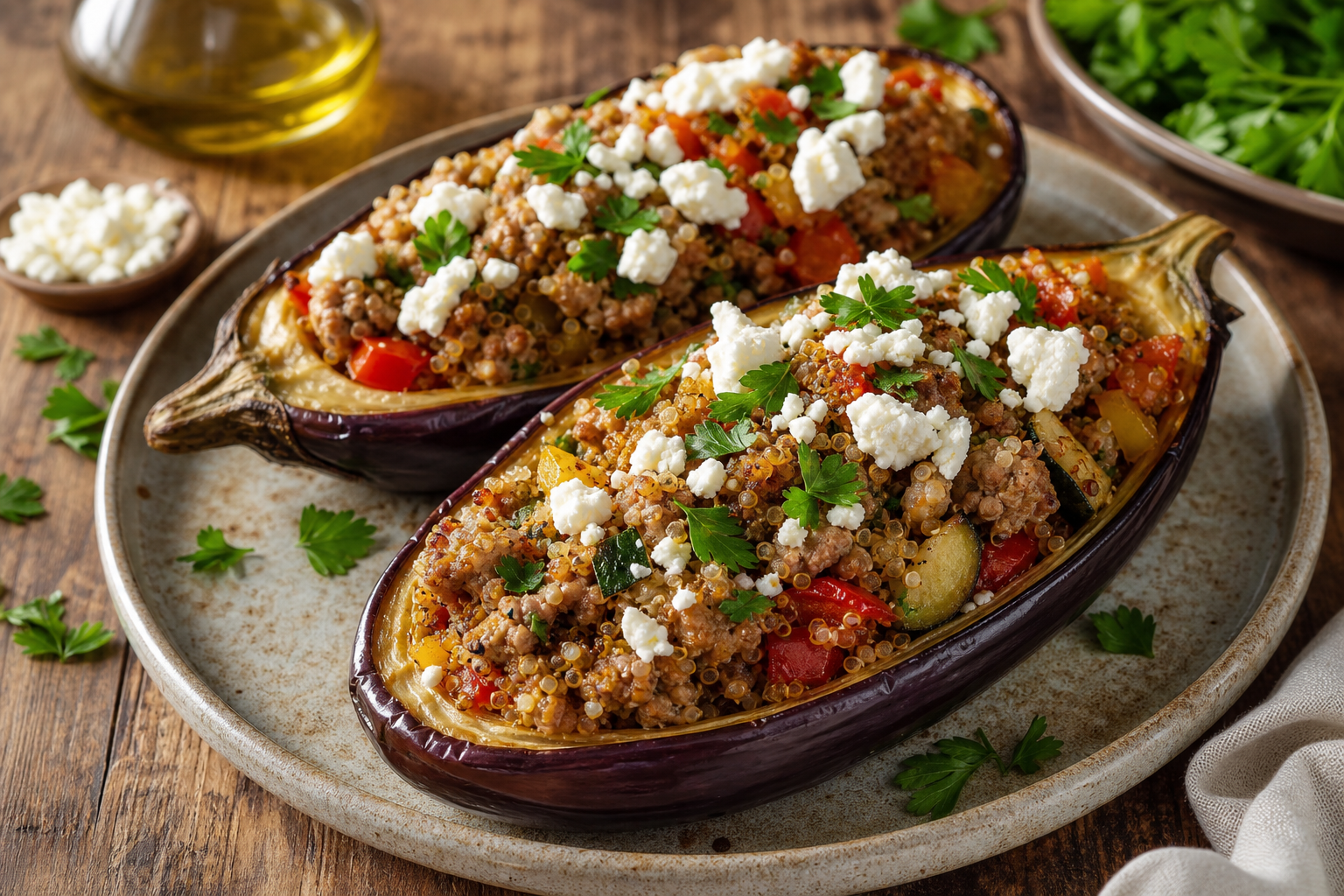 Mediterranean Turkey-Stuffed Eggplant with Herbed Quinoa