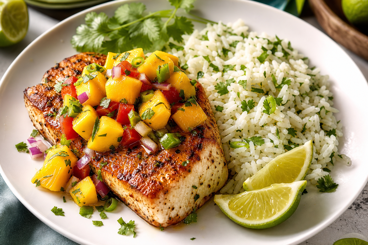 Pan-Seared Mahi Mahi with Mango Salsa and Cilantro Lime Rice