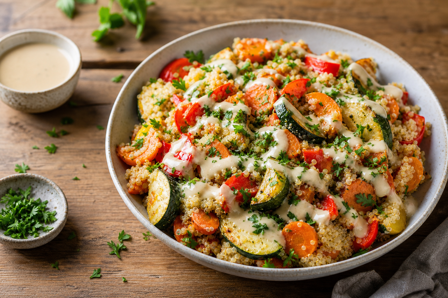 Quinoa and Roasted Vegetable Salad with Lemon Tahini Dressing