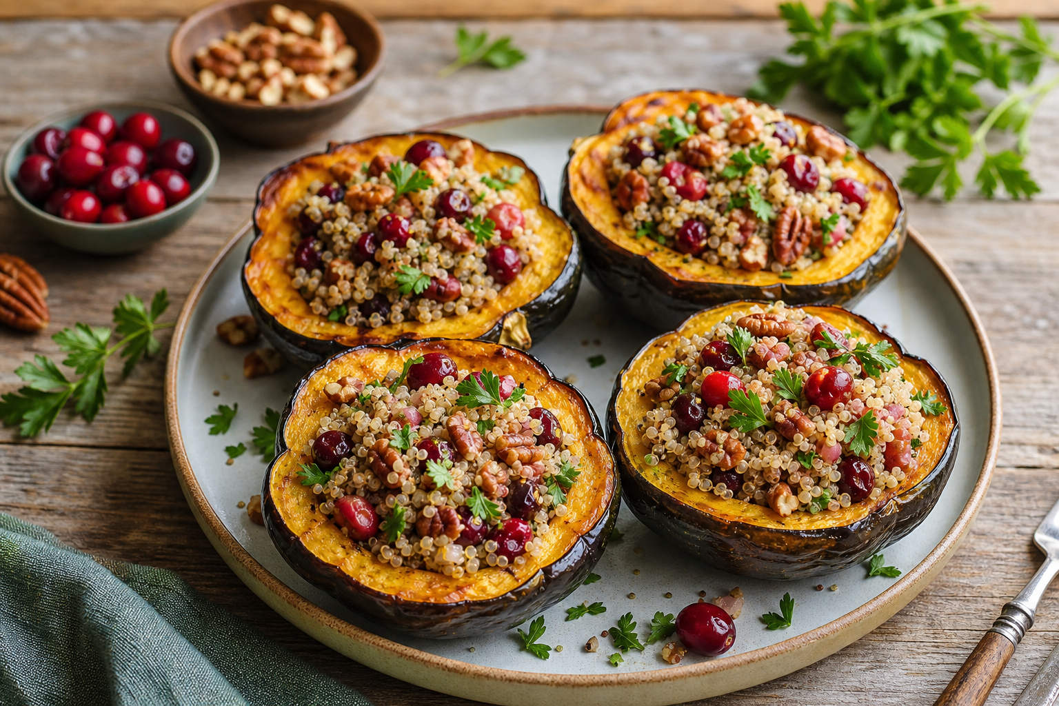 Quinoa-Stuffed Acorn Squash with Cranberries and Pecans