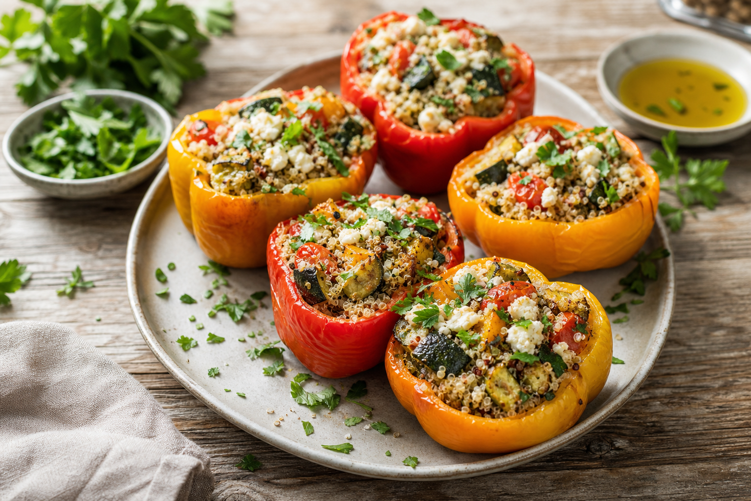 Quinoa-Stuffed Bell Peppers with Roasted Vegetables (Gluten Free)