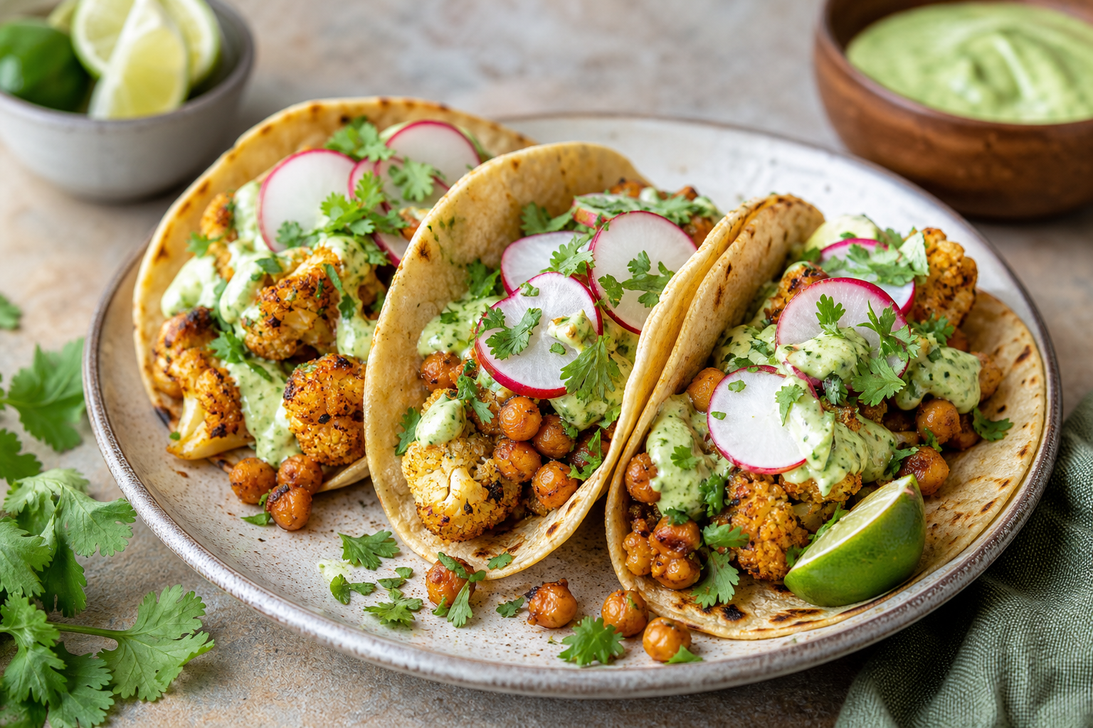 Roasted Cauliflower and Chickpea Tacos with Avocado Cilantro Sauce