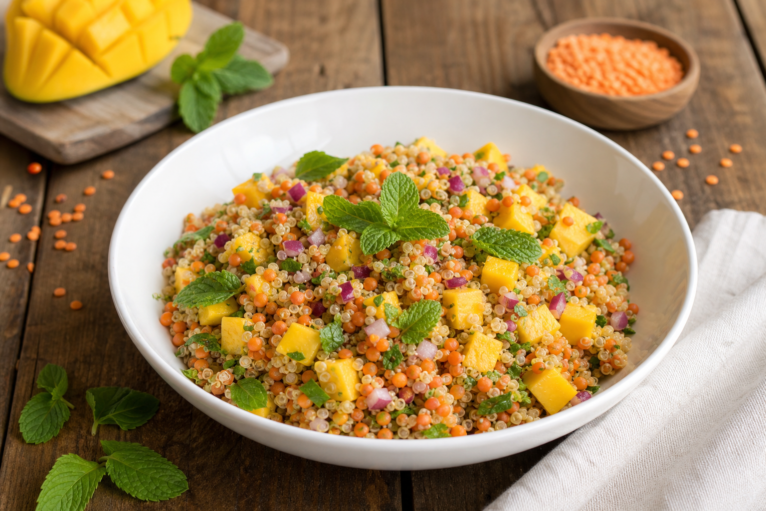 Roasted Red Lentil and Quinoa Salad with Mango and Mint