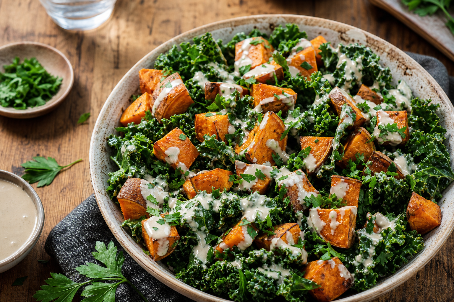 Roasted Sweet Potato and Kale Salad with Creamy Tahini Dressing
