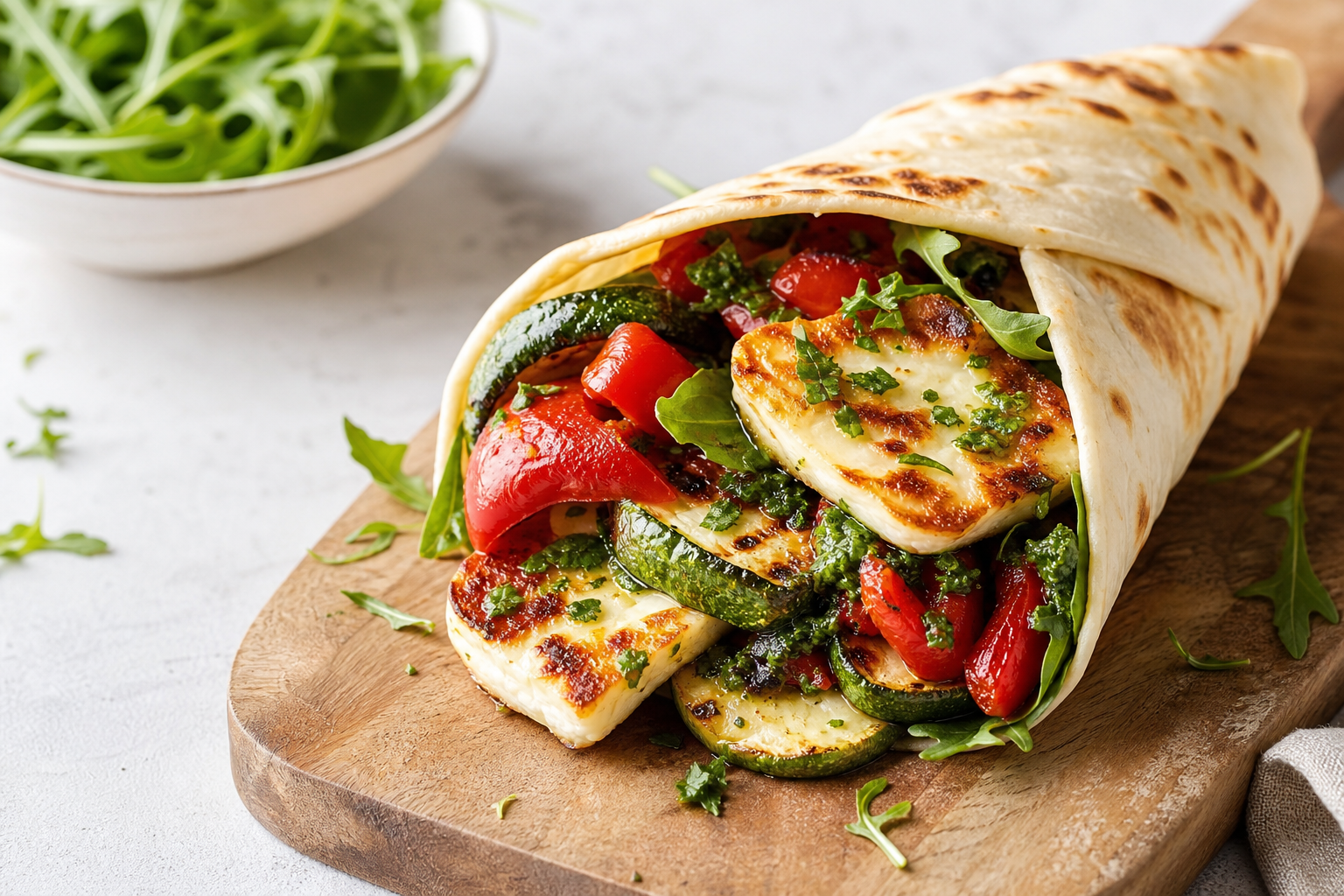 Roasted Vegetable and Halloumi Wrap with Lemon-Herb Dressing