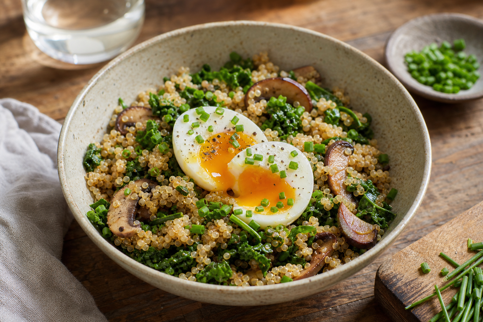 Savory Quinoa and Chive Breakfast Bowl with Soft-Boiled Egg