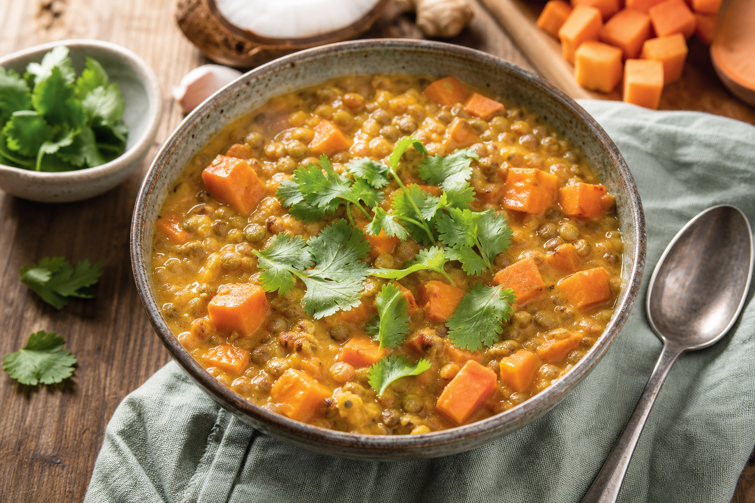 Slow Cooker Coconut Curry Lentils with Sweet Potatoes