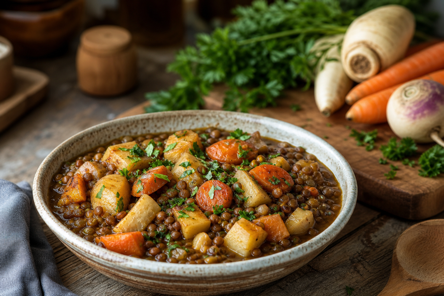 Slow Cooker Vegetarian Lentil and Roasted Root Vegetable Stew