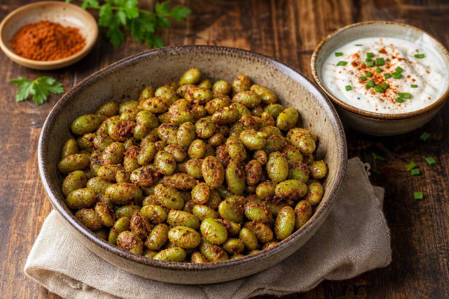 Smoky Roasted Edamame Snack Bowl with Tangy Dipping Sauce