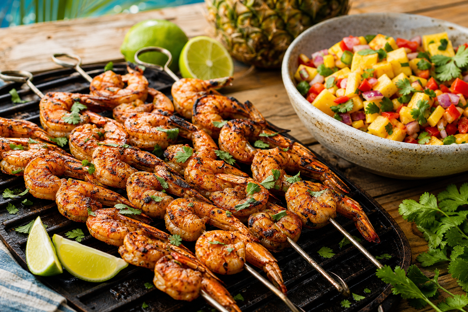 Spicy Caribbean Grilled Shrimp Skewers with Tropical Salsa