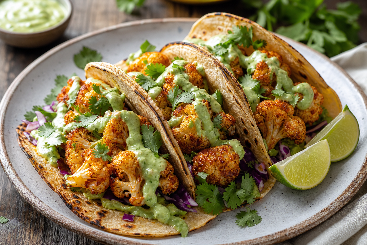 Spicy Roasted Cauliflower Tacos with Avocado Cream