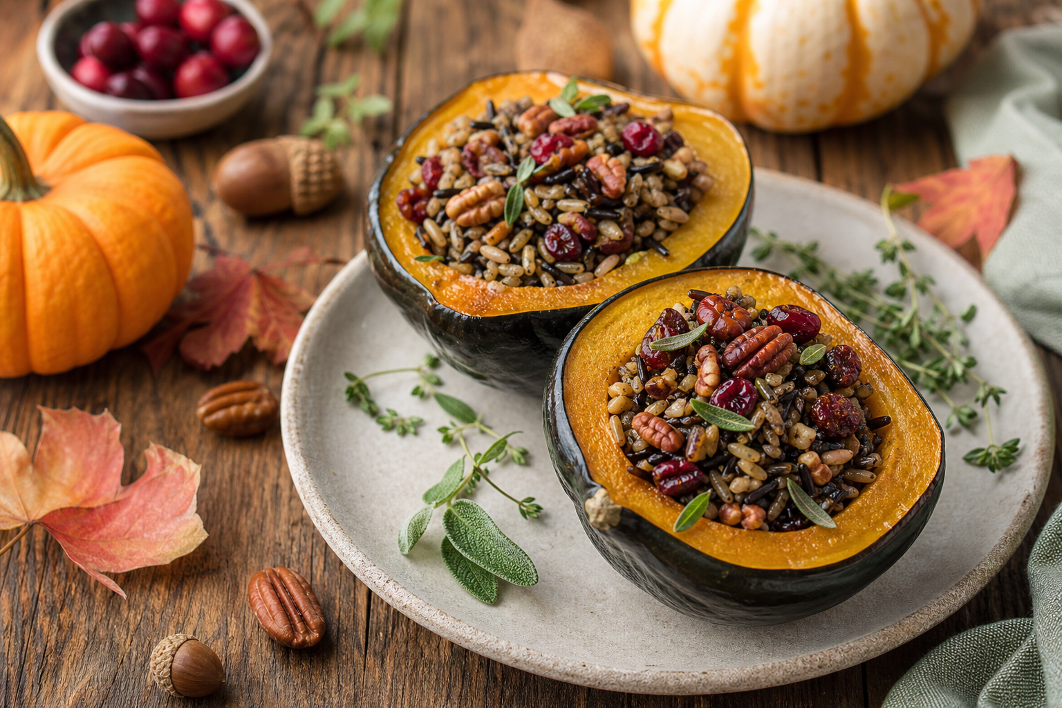 Stuffed Acorn Squash with Wild Rice and Cranberries
