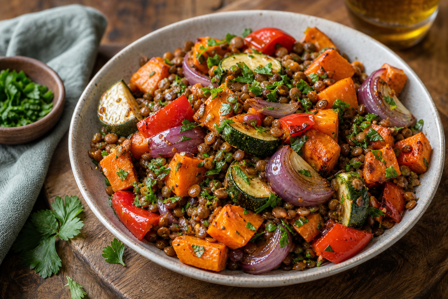 Warm Lentil and Roasted Vegetable Salad with Maple Dressing