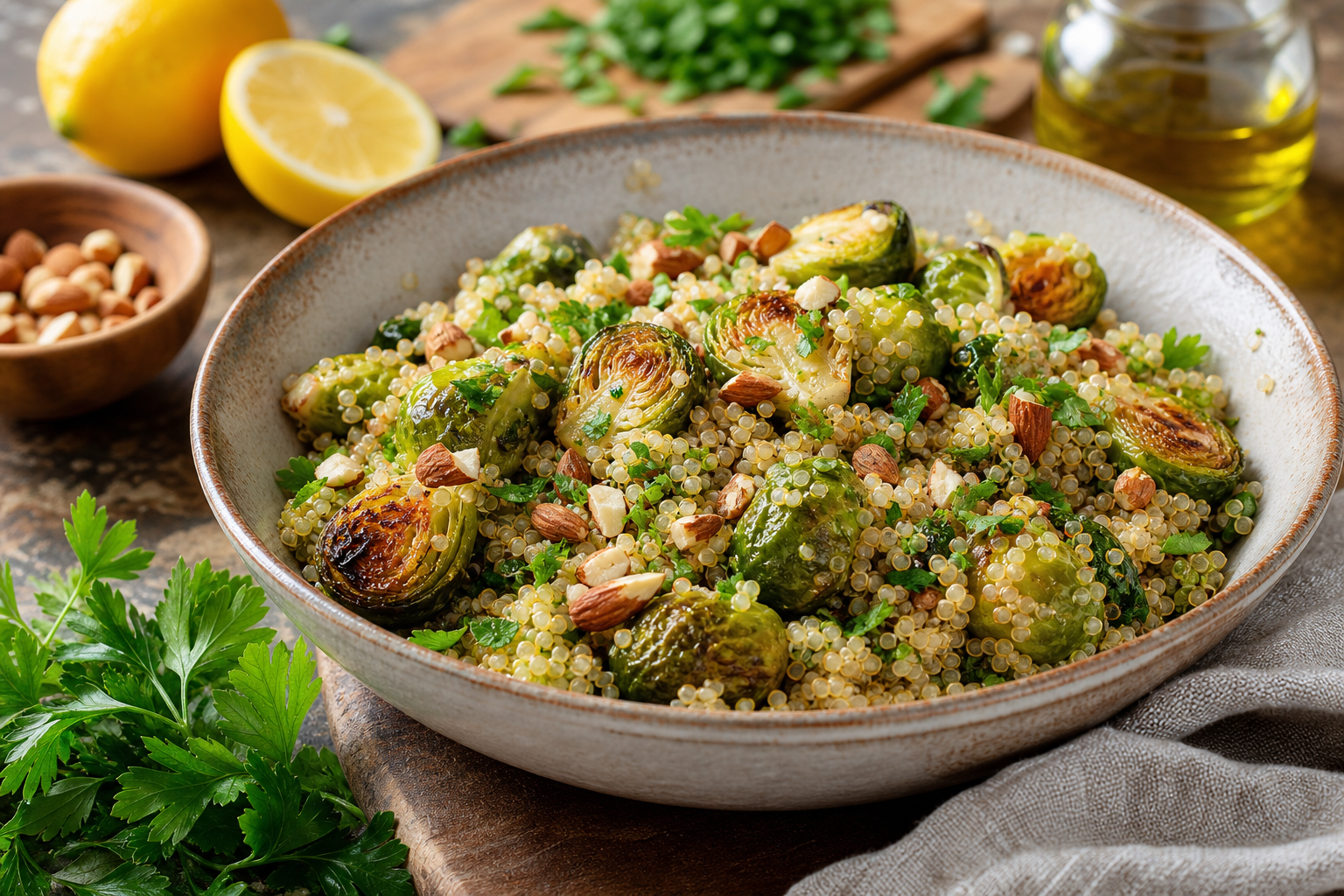 Warm Roasted Brussels Sprouts and Quinoa Salad with Lemon Dressing
