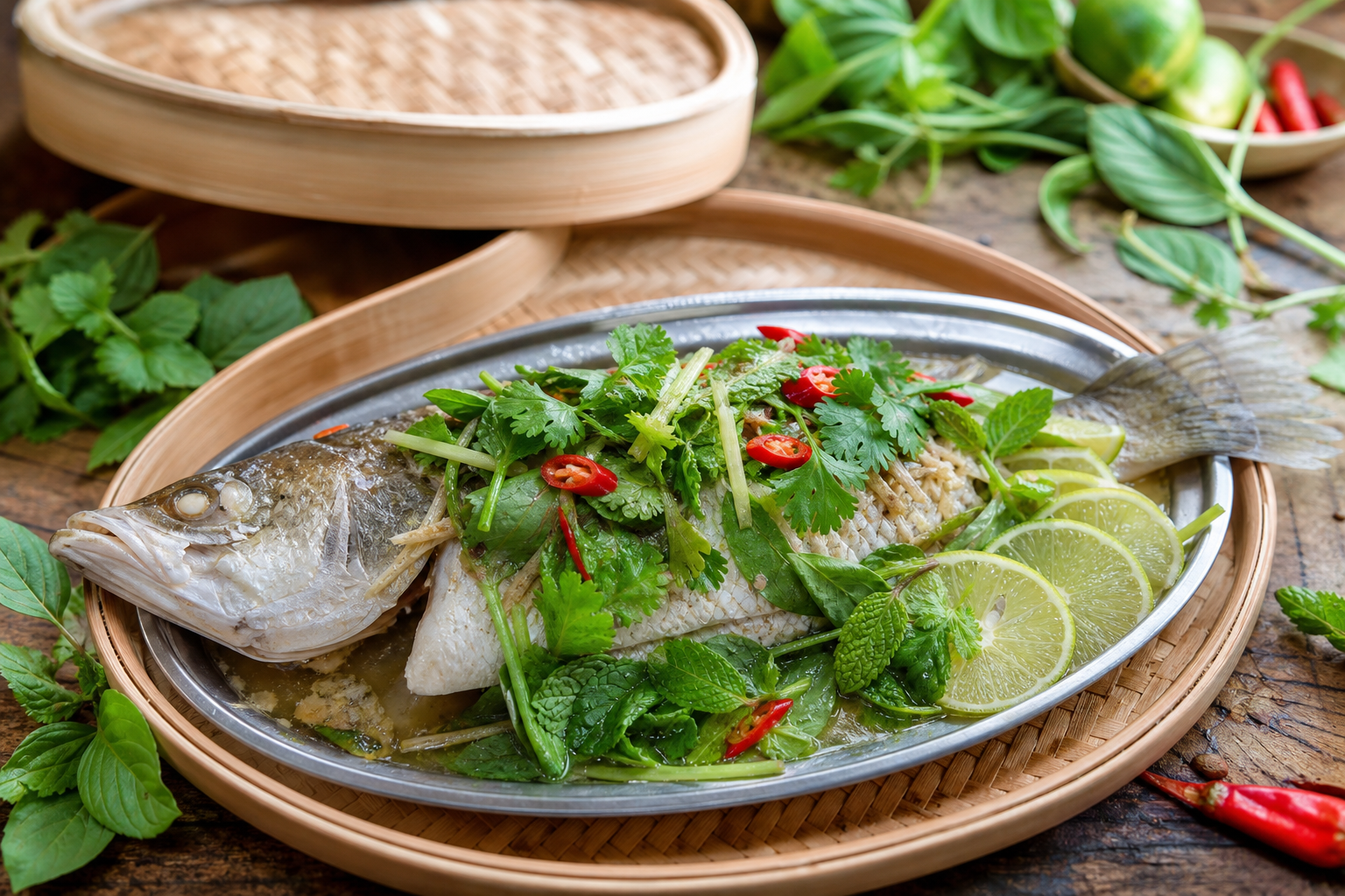 Authentic Vietnamese Steamed Fish with Fresh Herbs and Lime
