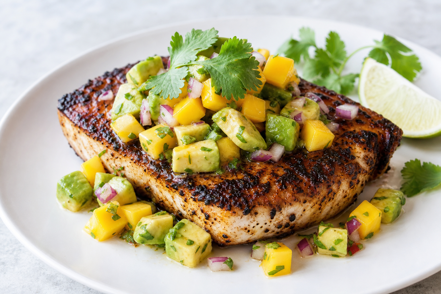 Blackened Swordfish with Mango Avocado Salsa
