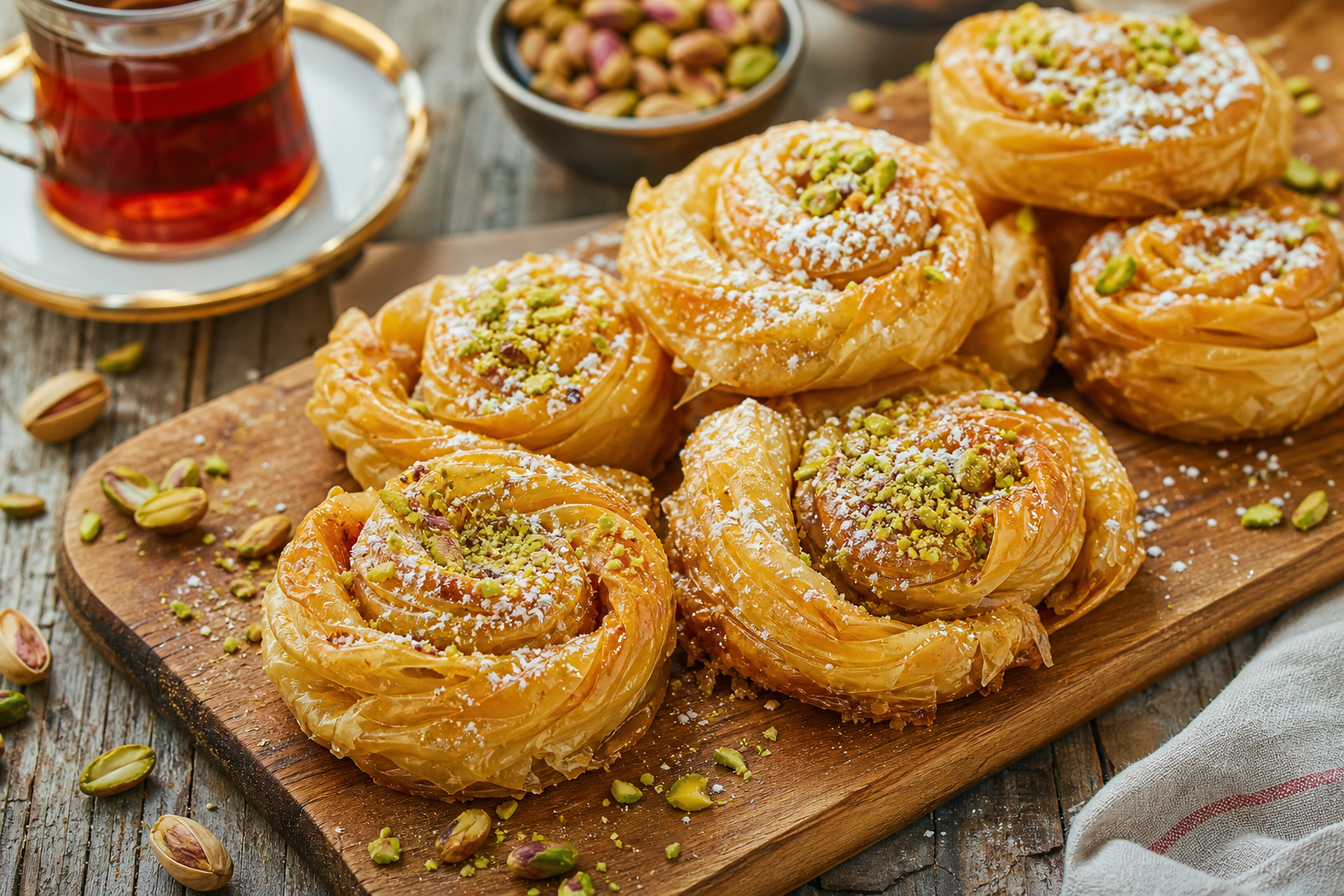 Cardamom-Spiced Pistachio and Rose Water Rolled Baklava
