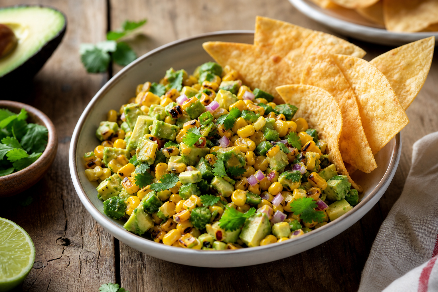 Charred Corn and Avocado Salsa with Tortilla Chips