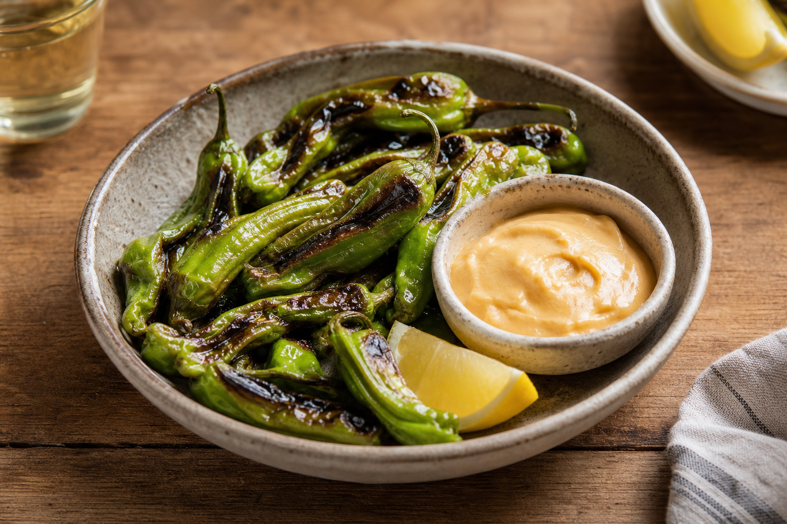 Charred Shishito Peppers with Miso Aioli