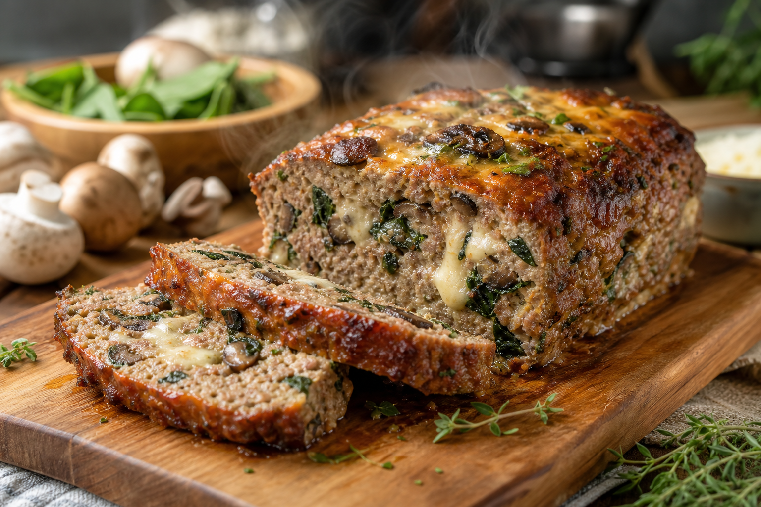 Cheesy Spinach and Mushroom Meatloaf