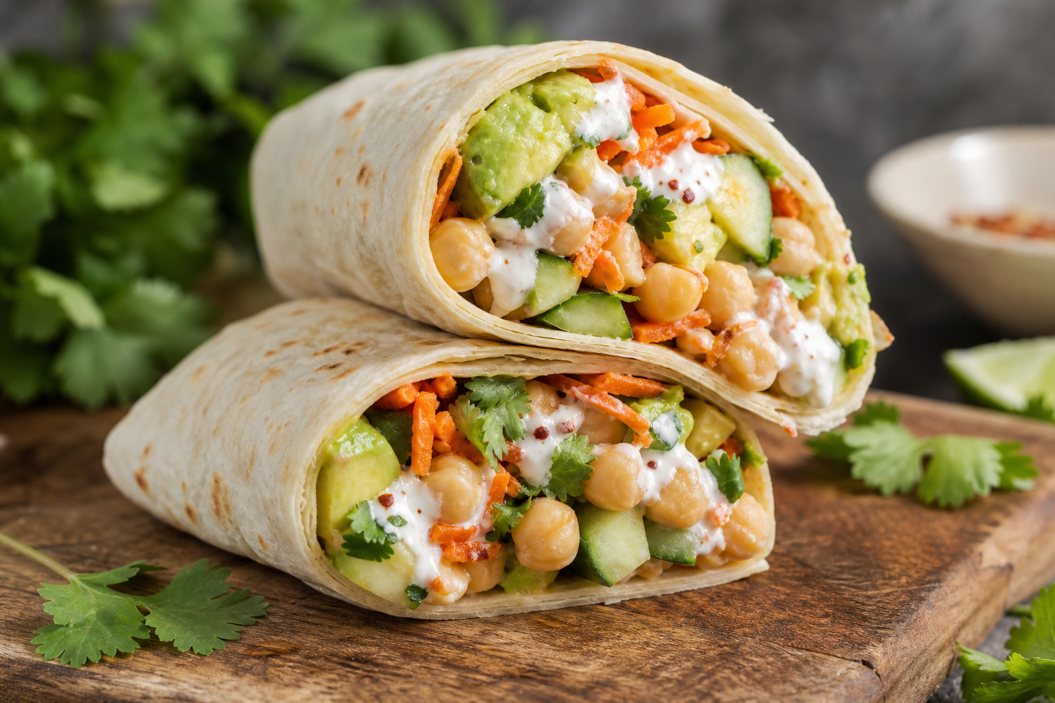 Chickpea and Avocado Lunch Wraps with Spicy Greek Yogurt