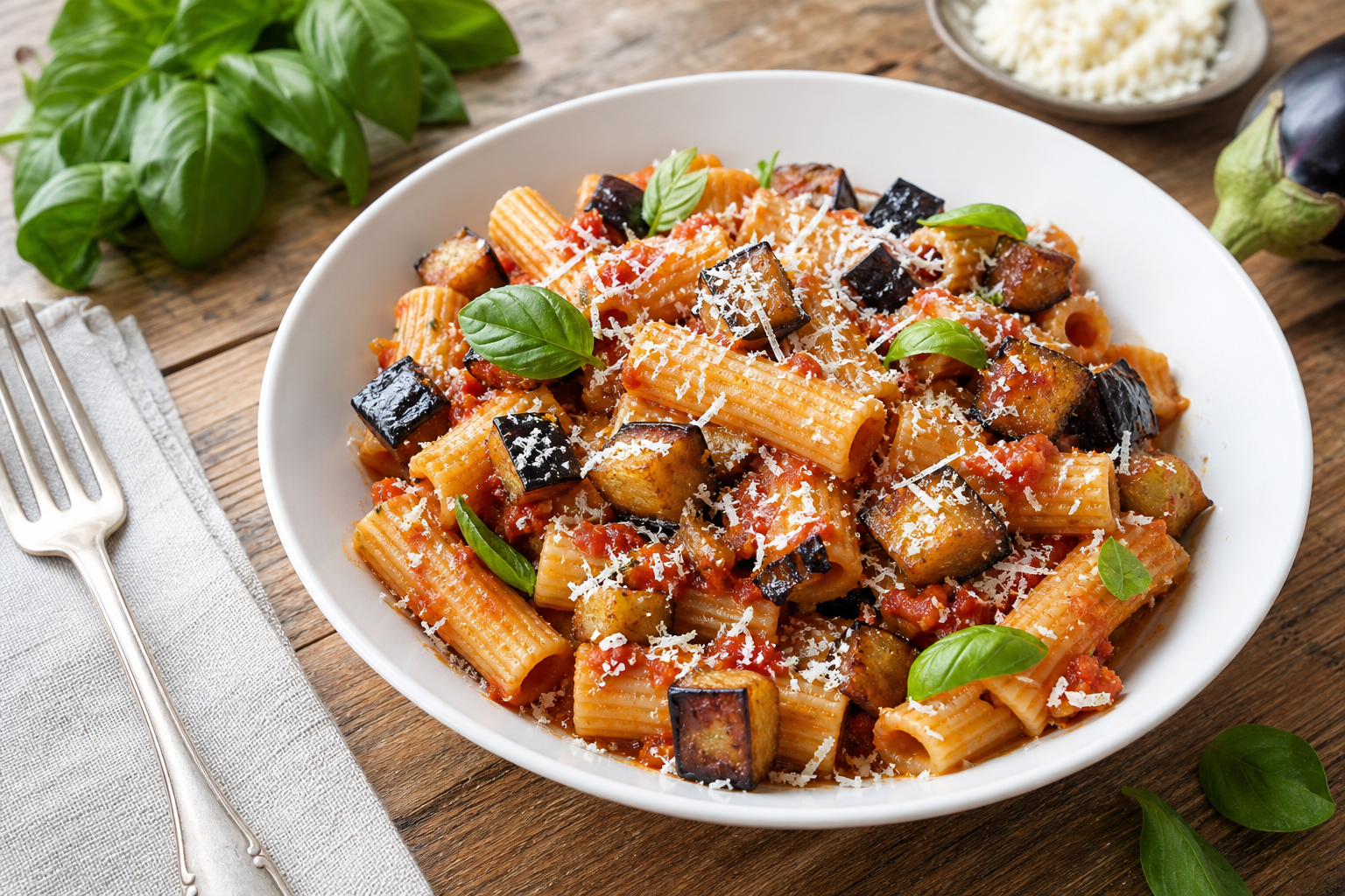 Classic Pasta alla Norma with Fried Eggplant and Ricotta Salata