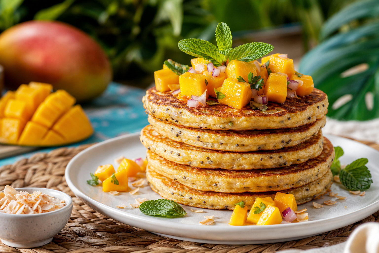 Coconut Chia Pancakes with Mango Salsa