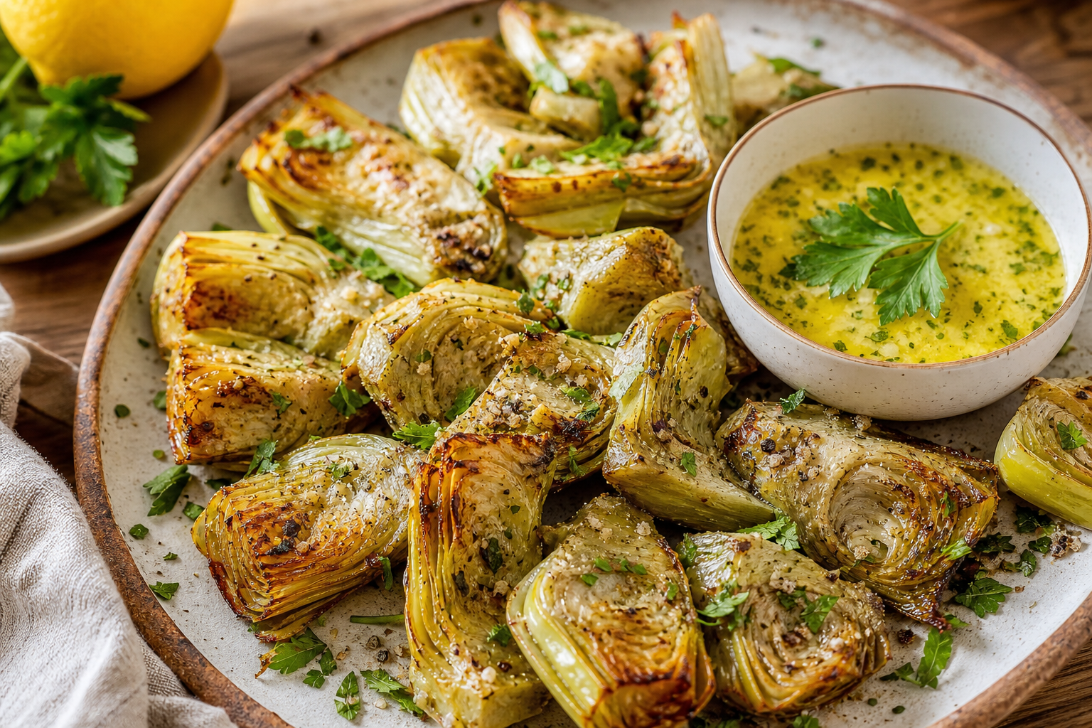 Crispy Baked Artichoke Hearts with Lemon Herb Dip