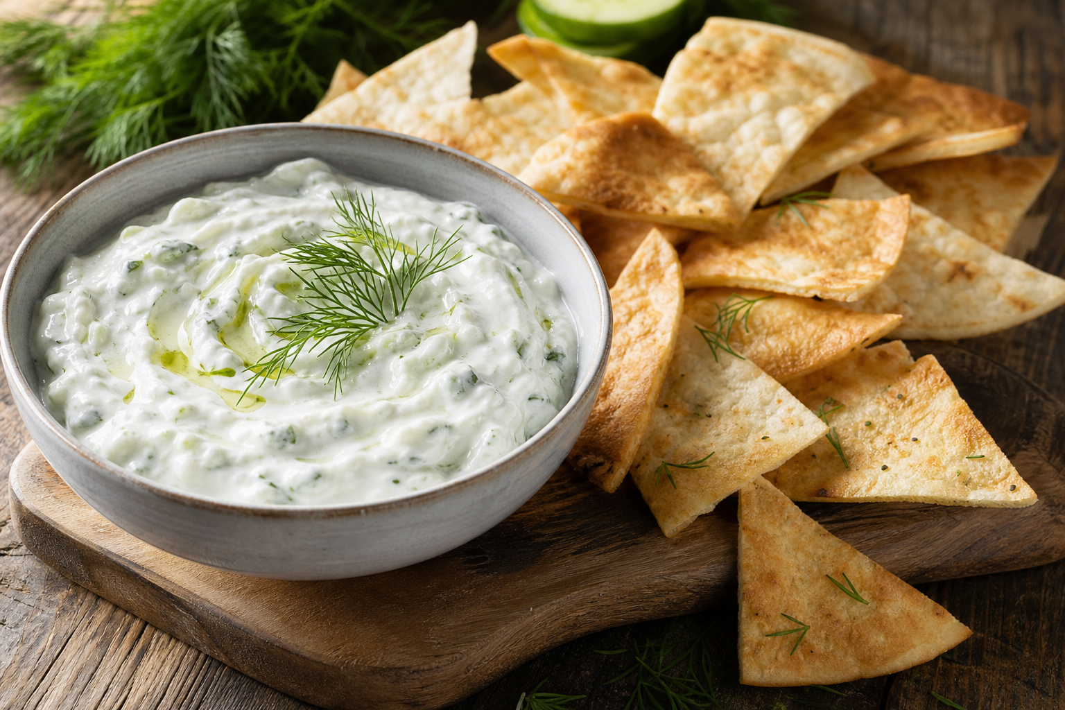 Greek Yogurt and Cucumber Tzatziki with Crispy Pita Chips