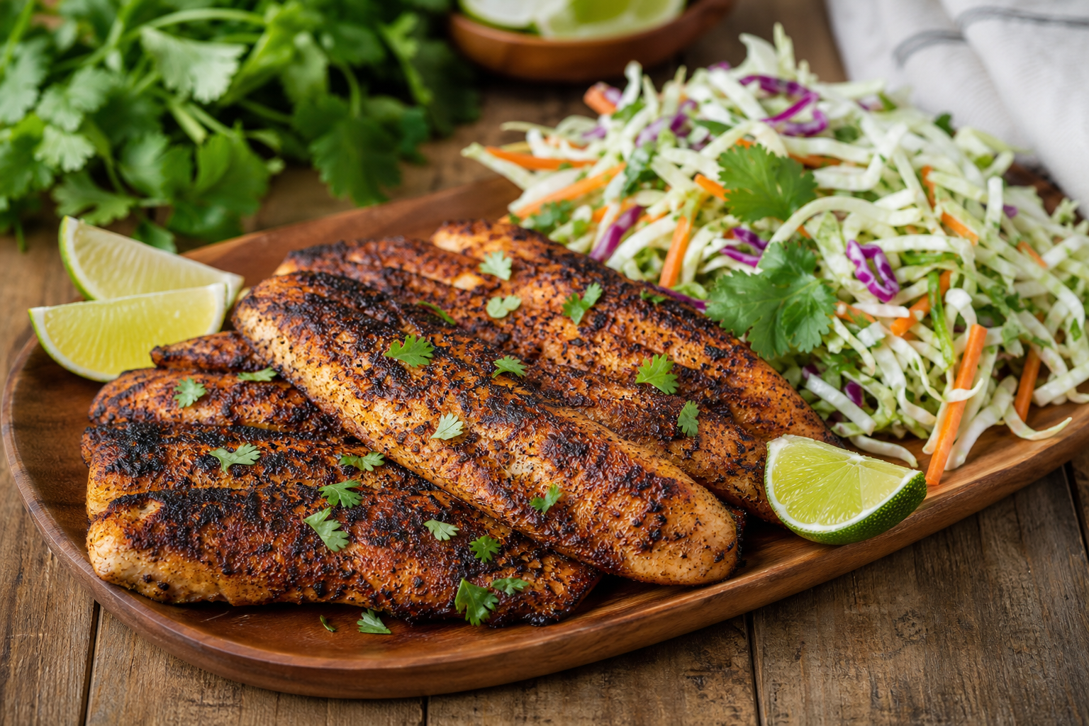 Grilled Blackened Catfish with Cilantro Lime Slaw