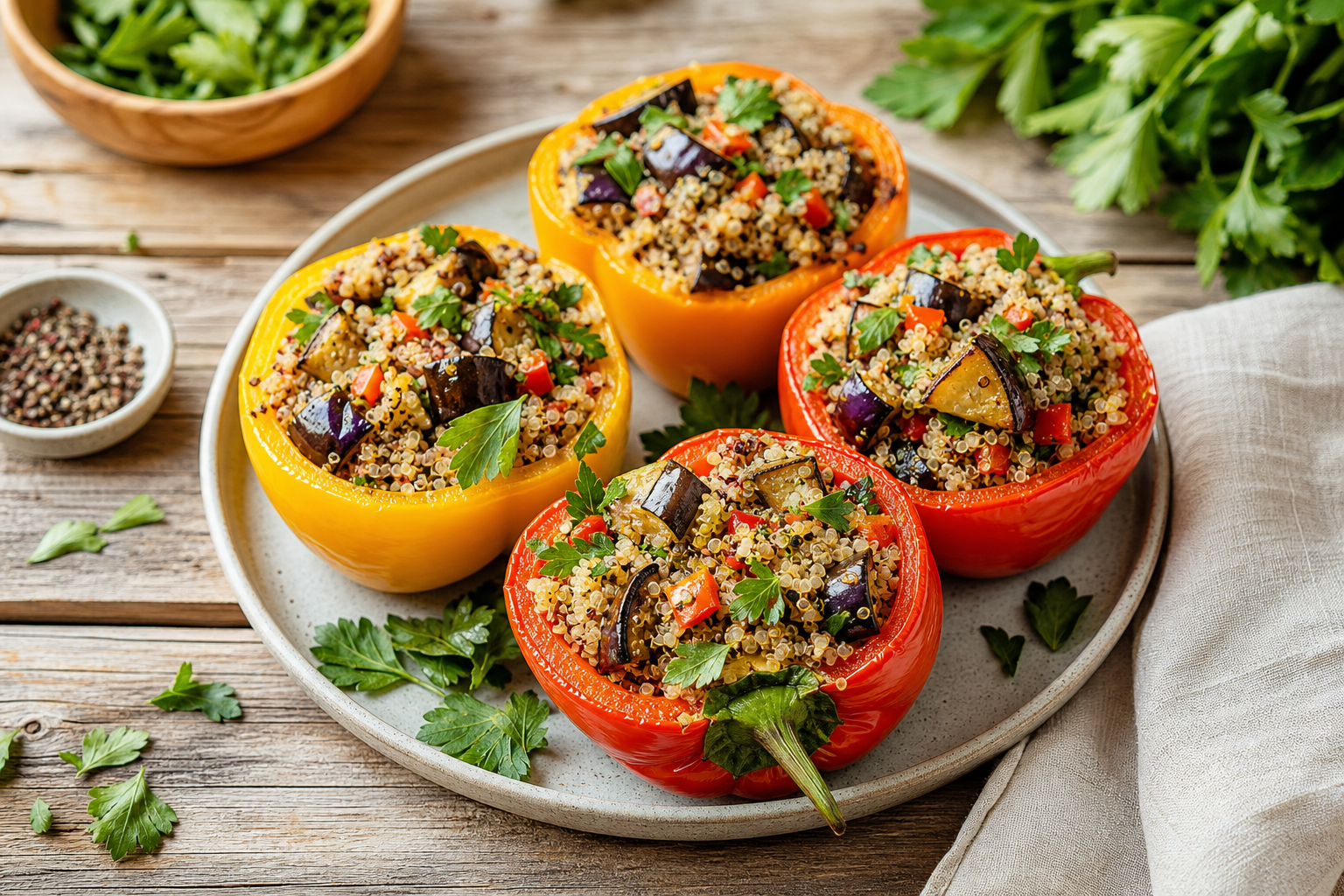 Grilled Eggplant and Quinoa Stuffed Peppers (Gluten Free)