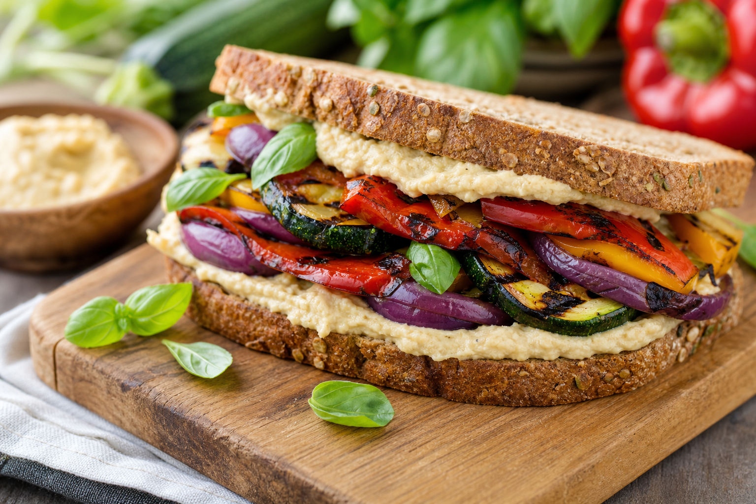 Grilled Mediterranean Vegetable and Hummus Sandwich