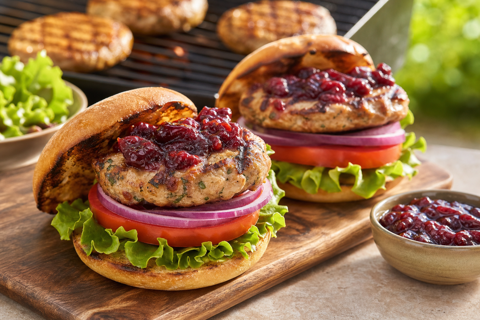 Grilled Turkey Burgers with Smoky Cranberry Chipotle Sauce