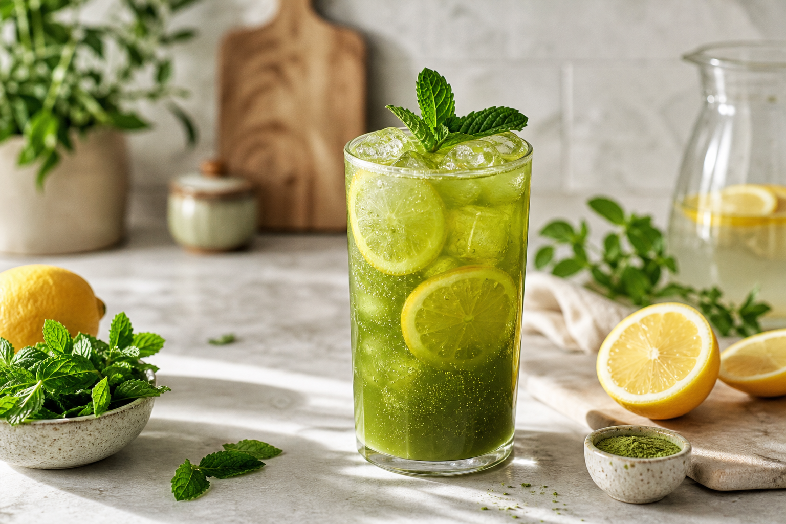 Iced Matcha Lemonade with Mint