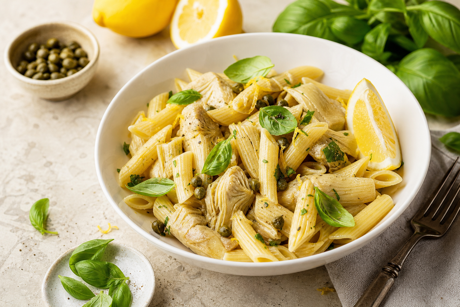 Lemon Artichoke Penne with Basil and Capers